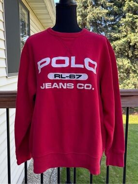 VTG Polo Ralph Lauren Jeans Co Sweatshirt Men’s L Red RL-67 Crew Neck 90s Flag